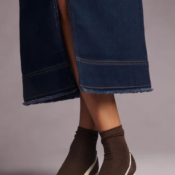 Anthropologie Pilcro Slit Front Denim Maxi Skirt Stretch Fray Hem Dark Blue - Picture 5 of 10